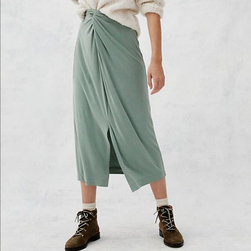 ANTHROPOLOGIE GREEN TWIST FRONT JUNIE MIDI SKIRT